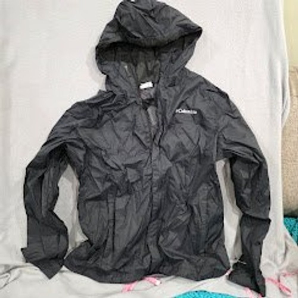 Columbia Mens Black Lightweight Hooded Windbreaker Rain Jacket Size M Mesh Lined